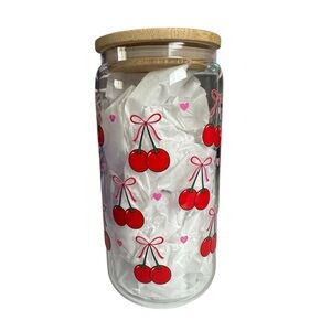 Cherry Print Glass Jar with Bamboo Lid 16 oz